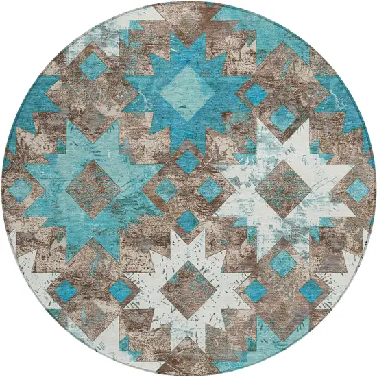 8' Teal Blue Brown And Ivory Round Aztec Washable Indoor Outdoor Area Rug Photo 1