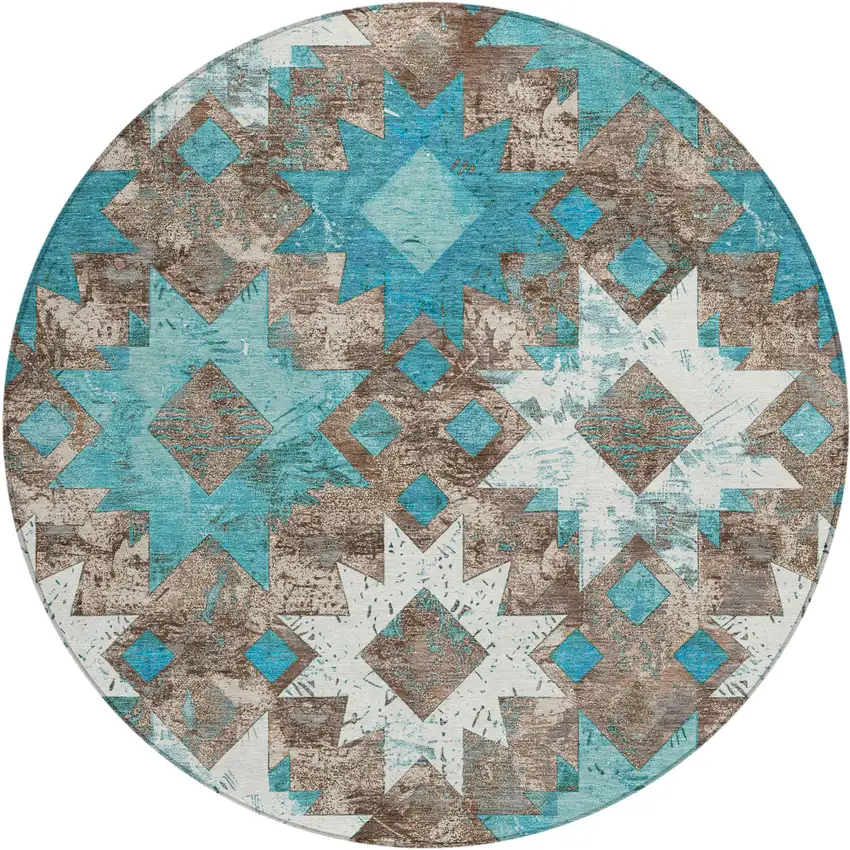 8' Teal Blue Brown And Ivory Round Aztec Washable Indoor Outdoor Area Rug Photo 1