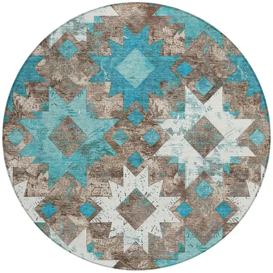 8' Teal Blue Brown And Ivory Round Aztec Washable Indoor Outdoor Area Rug Photo 3