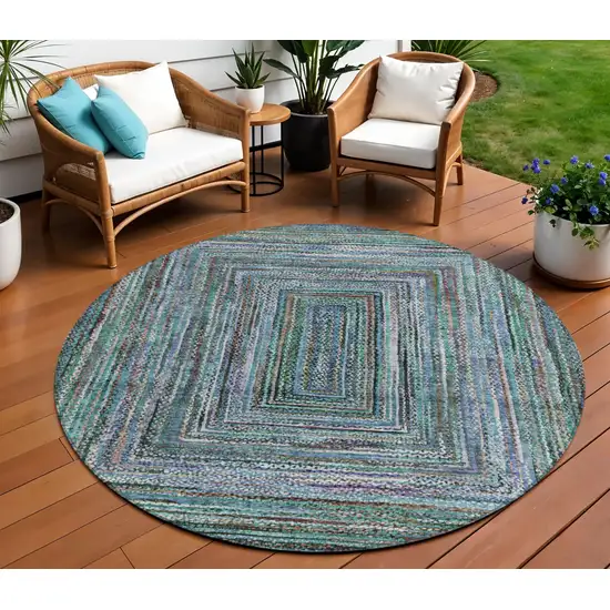 8' Teal Blue Brown And Ivory Round Geometric Washable Indoor Outdoor Area Rug Photo 2