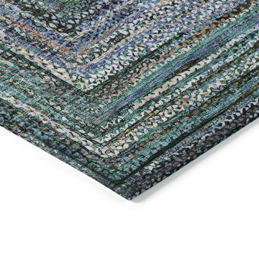 8' Teal Blue Brown And Ivory Round Geometric Washable Indoor Outdoor Area Rug Photo 7