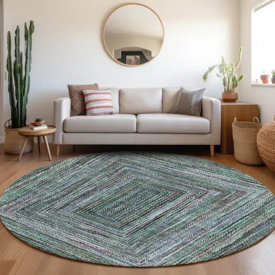 8' Teal Blue Brown And Ivory Round Geometric Washable Indoor Outdoor Area Rug Photo 6