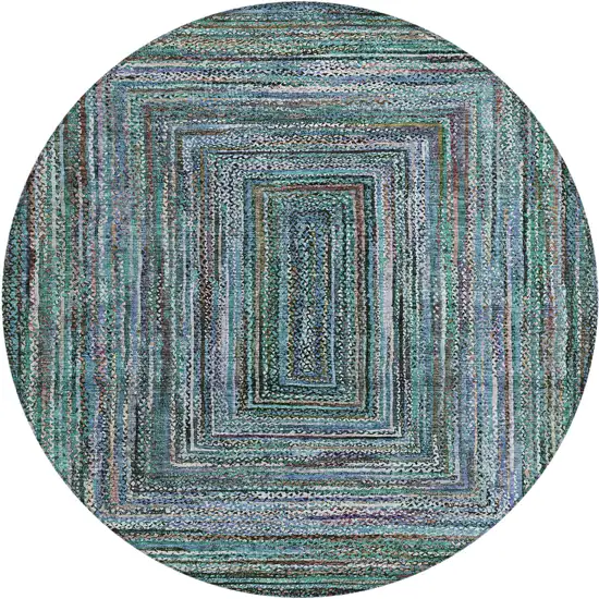 8' Teal Blue Brown And Ivory Round Geometric Washable Indoor Outdoor Area Rug Photo 1