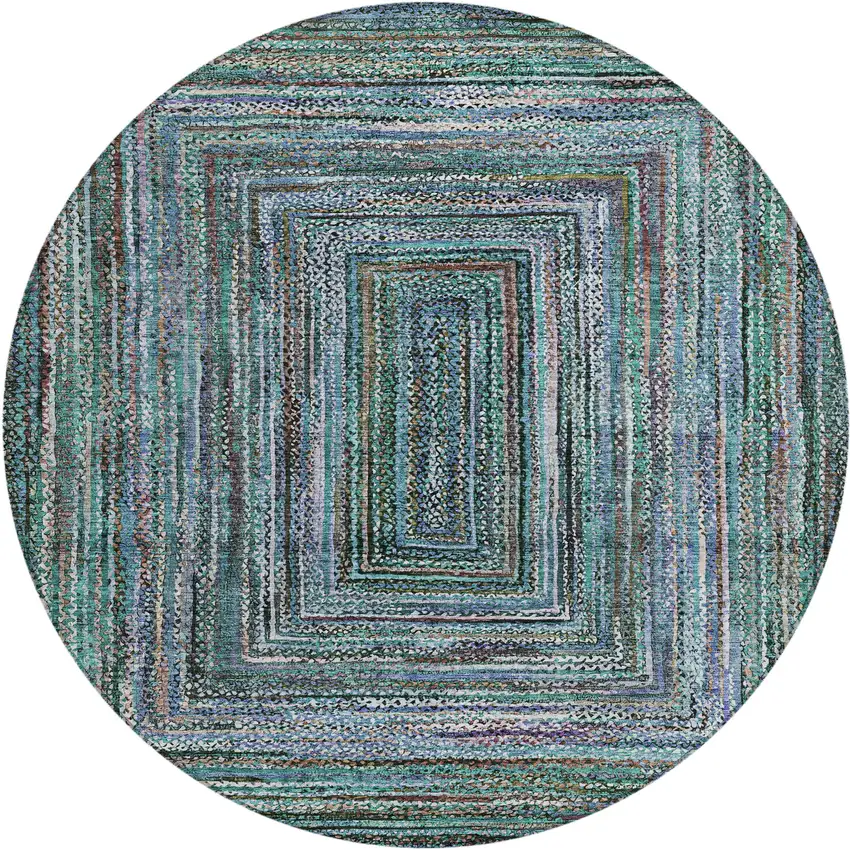 8' Teal Blue Brown And Ivory Round Geometric Washable Indoor Outdoor Area Rug Photo 1