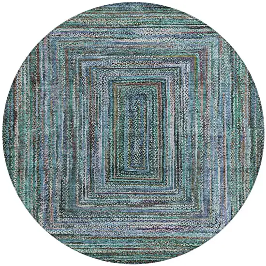 8' Teal Blue Brown And Ivory Round Geometric Washable Indoor Outdoor Area Rug Photo 3