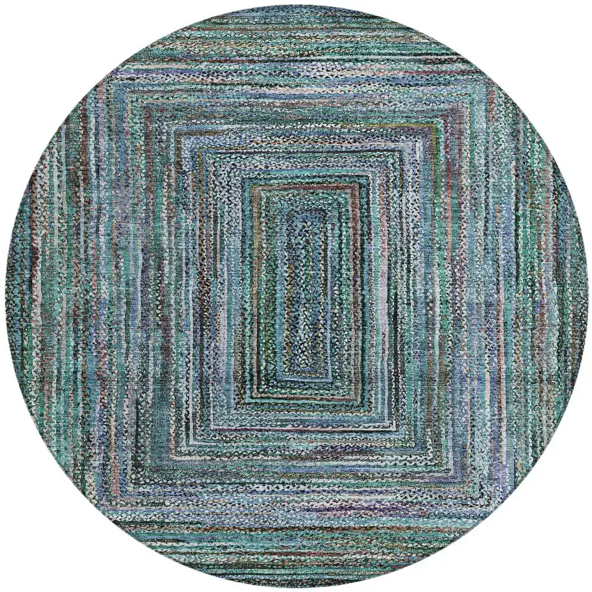 8' Teal Blue Brown And Ivory Round Geometric Washable Indoor Outdoor Area Rug Photo 3