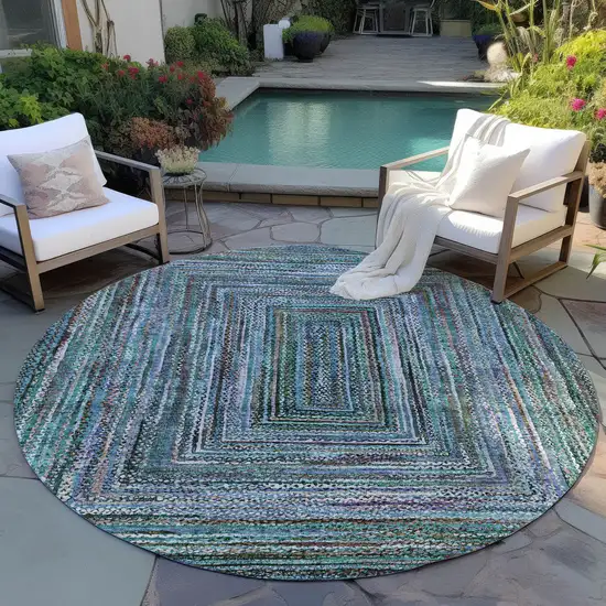 8' Teal Blue Brown And Ivory Round Geometric Washable Indoor Outdoor Area Rug Photo 5