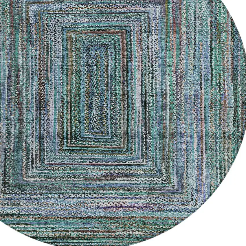 8' Teal Blue Brown And Ivory Round Geometric Washable Indoor Outdoor Area Rug Photo 8