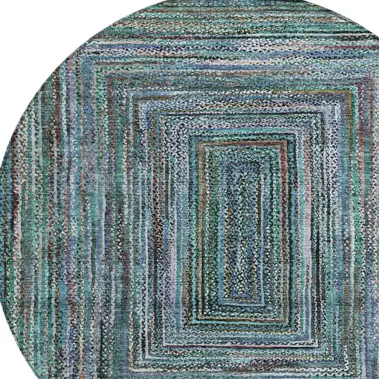 8' Teal Blue Brown And Ivory Round Geometric Washable Indoor Outdoor Area Rug Photo 4