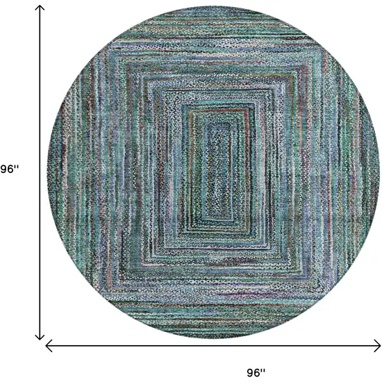 8' Teal Blue Brown And Ivory Round Geometric Washable Indoor Outdoor Area Rug Photo 9