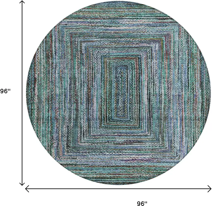 8' Teal Blue Brown And Ivory Round Geometric Washable Indoor Outdoor Area Rug Photo 9