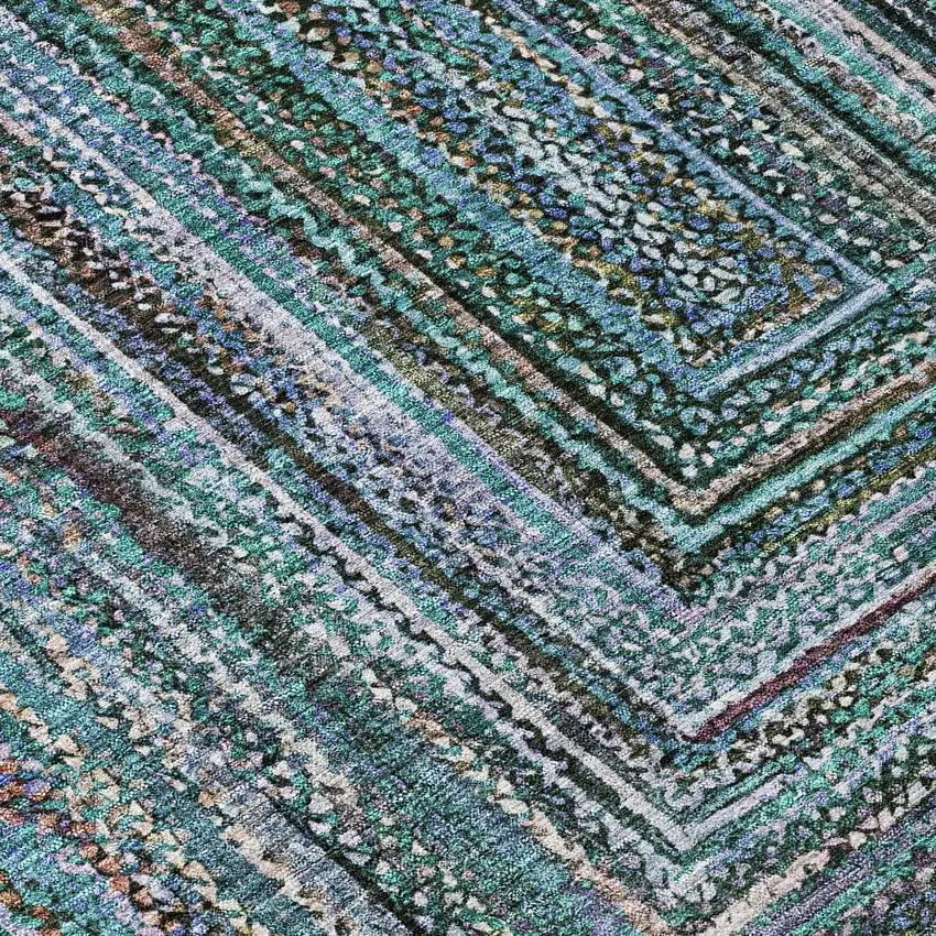 8' Teal Blue Brown And Ivory Round Geometric Washable Indoor Outdoor Area Rug Photo 8