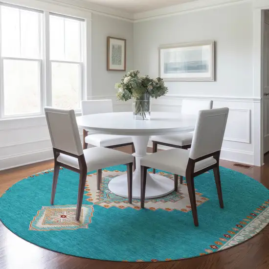 8' Teal Blue Brown And Ivory Round Oriental Washable Indoor Outdoor Area Rug Photo 8