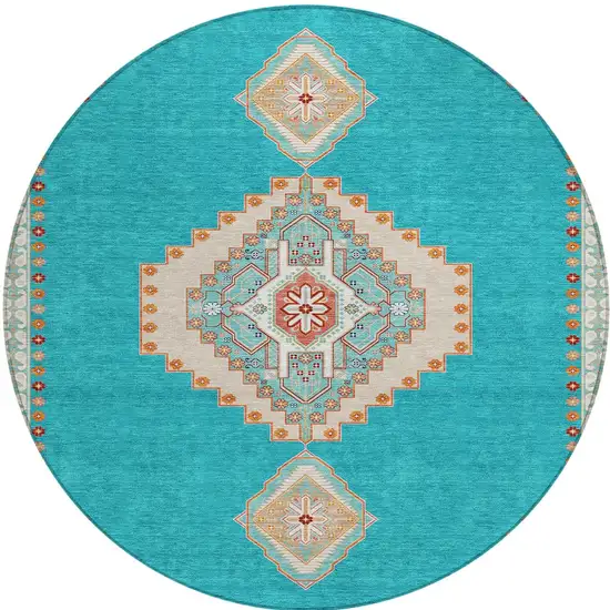8' Teal Blue Brown And Ivory Round Oriental Washable Indoor Outdoor Area Rug Photo 6