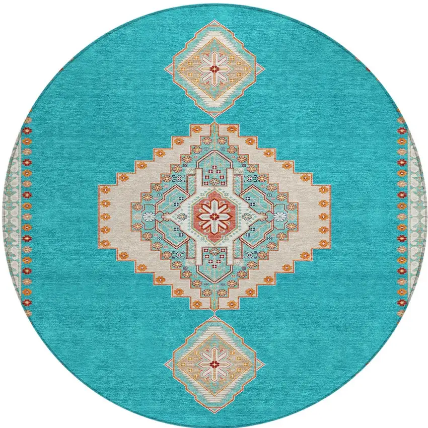 8' Teal Blue Brown And Ivory Round Oriental Washable Indoor Outdoor Area Rug Photo 6