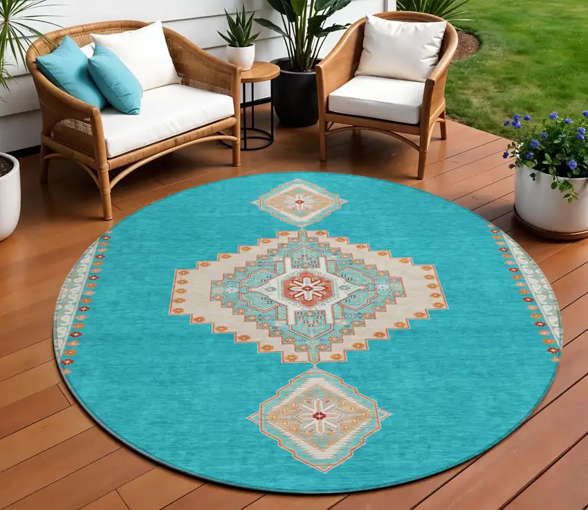 8' Teal Blue Brown And Ivory Round Oriental Washable Indoor Outdoor Area Rug Photo 1