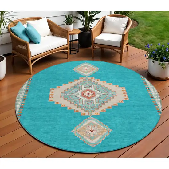 8' Teal Blue Brown And Ivory Round Oriental Washable Indoor Outdoor Area Rug Photo 1