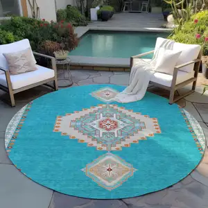 Photo of 8' Teal Blue Brown And Ivory Round Oriental Washable Indoor Outdoor Area Rug