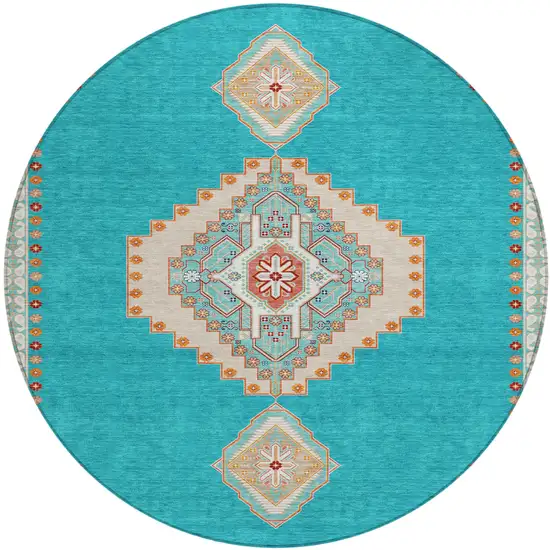 8' Teal Blue Brown And Ivory Round Oriental Washable Indoor Outdoor Area Rug Photo 2