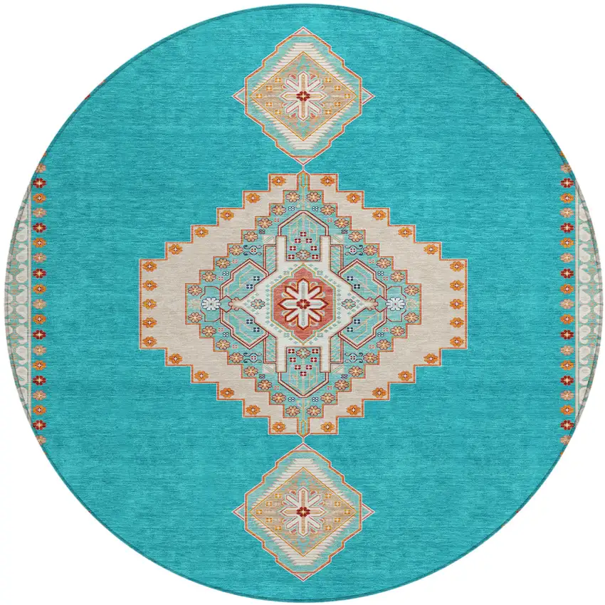 8' Teal Blue Brown And Ivory Round Oriental Washable Indoor Outdoor Area Rug Photo 2