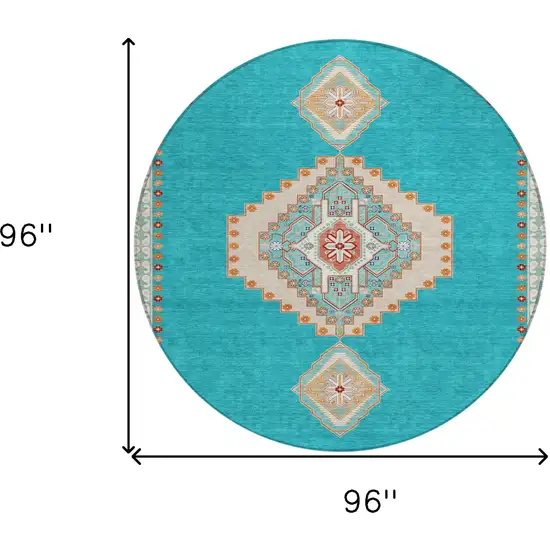8' Teal Blue Brown And Ivory Round Oriental Washable Indoor Outdoor Area Rug Photo 3