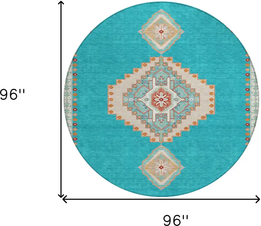 8' Teal Blue Brown And Ivory Round Oriental Washable Indoor Outdoor Area Rug Photo 3