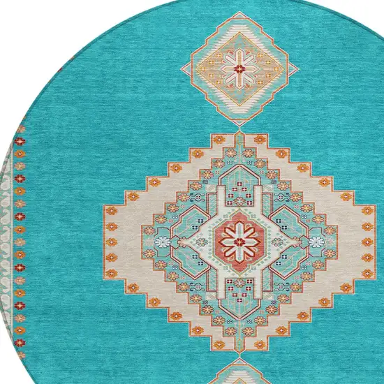 8' Teal Blue Brown And Ivory Round Oriental Washable Indoor Outdoor Area Rug Photo 4