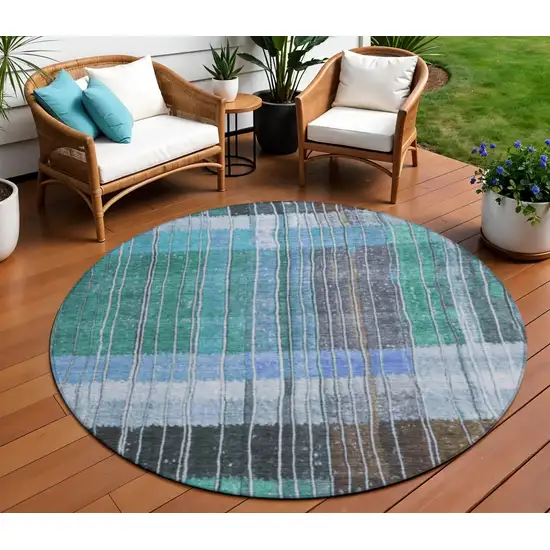 8' Teal Blue Brown And Ivory Round Striped Washable Indoor Outdoor Area Rug Photo 2