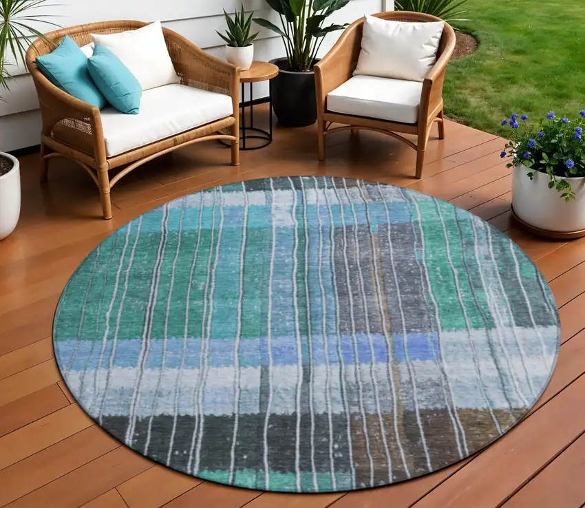 8' Teal Blue Brown And Ivory Round Striped Washable Indoor Outdoor Area Rug Photo 2