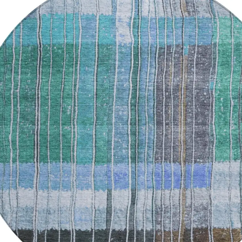 8' Teal Blue Brown And Ivory Round Striped Washable Indoor Outdoor Area Rug Photo 4