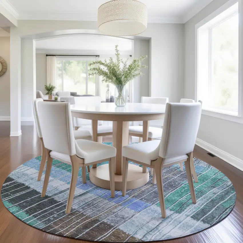 8' Teal Blue Brown And Ivory Round Striped Washable Indoor Outdoor Area Rug Photo 6