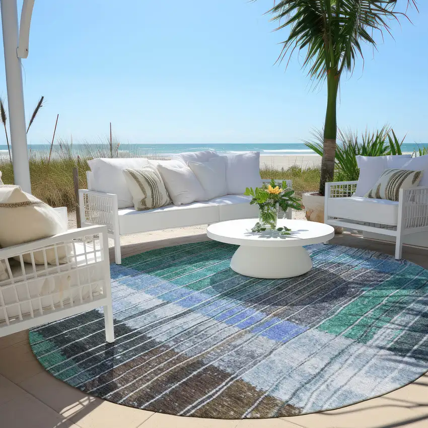 8' Teal Blue Brown And Ivory Round Striped Washable Indoor Outdoor Area Rug Photo 5