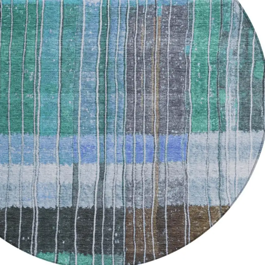 8' Teal Blue Brown And Ivory Round Striped Washable Indoor Outdoor Area Rug Photo 8