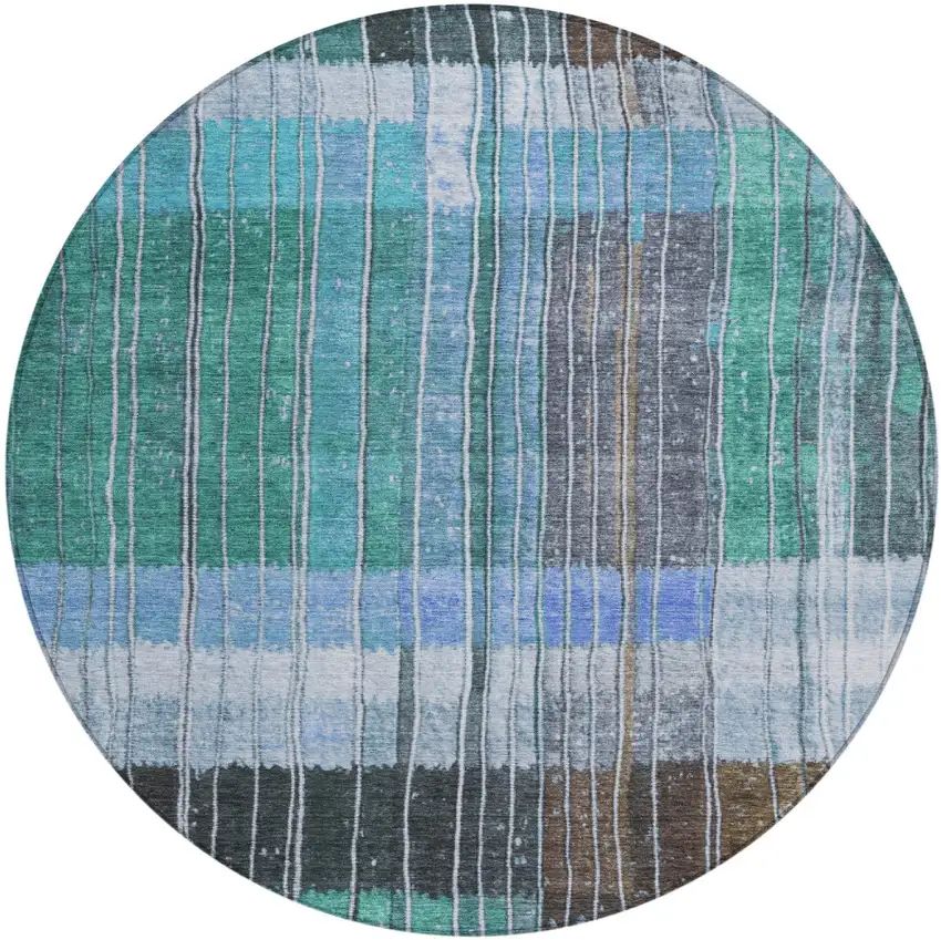 8' Teal Blue Brown And Ivory Round Striped Washable Indoor Outdoor Area Rug Photo 1