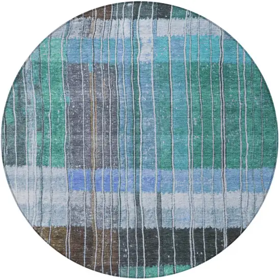8' Teal Blue Brown And Ivory Round Striped Washable Indoor Outdoor Area Rug Photo 3