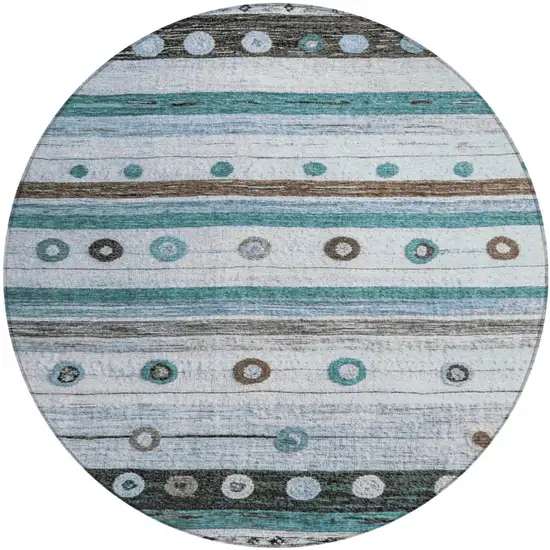 8' Teal Blue Brown And Ivory Round Striped Washable Indoor Outdoor Area Rug Photo 1