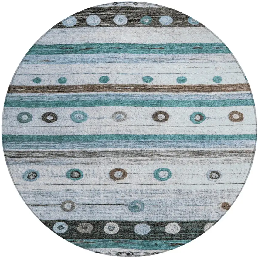 8' Teal Blue Brown And Ivory Round Striped Washable Indoor Outdoor Area Rug Photo 1