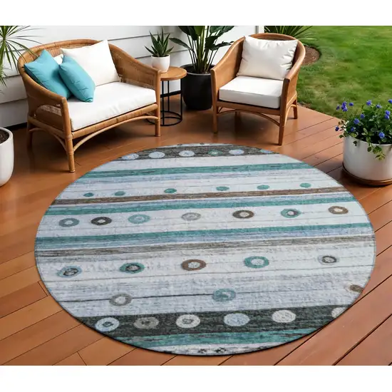 8' Teal Blue Brown And Ivory Round Striped Washable Indoor Outdoor Area Rug Photo 2