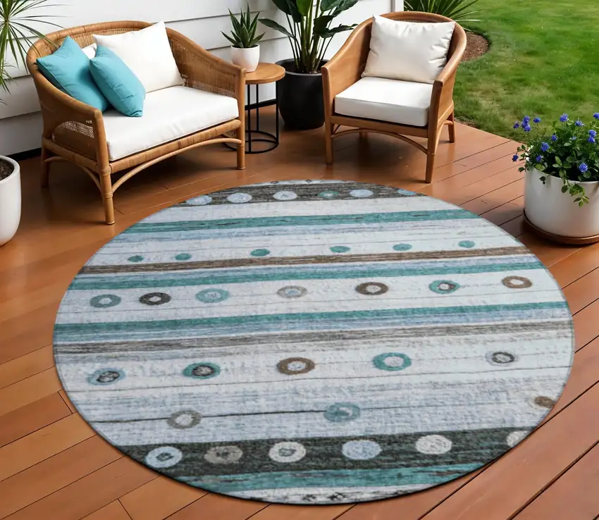 8' Teal Blue Brown And Ivory Round Striped Washable Indoor Outdoor Area Rug Photo 2