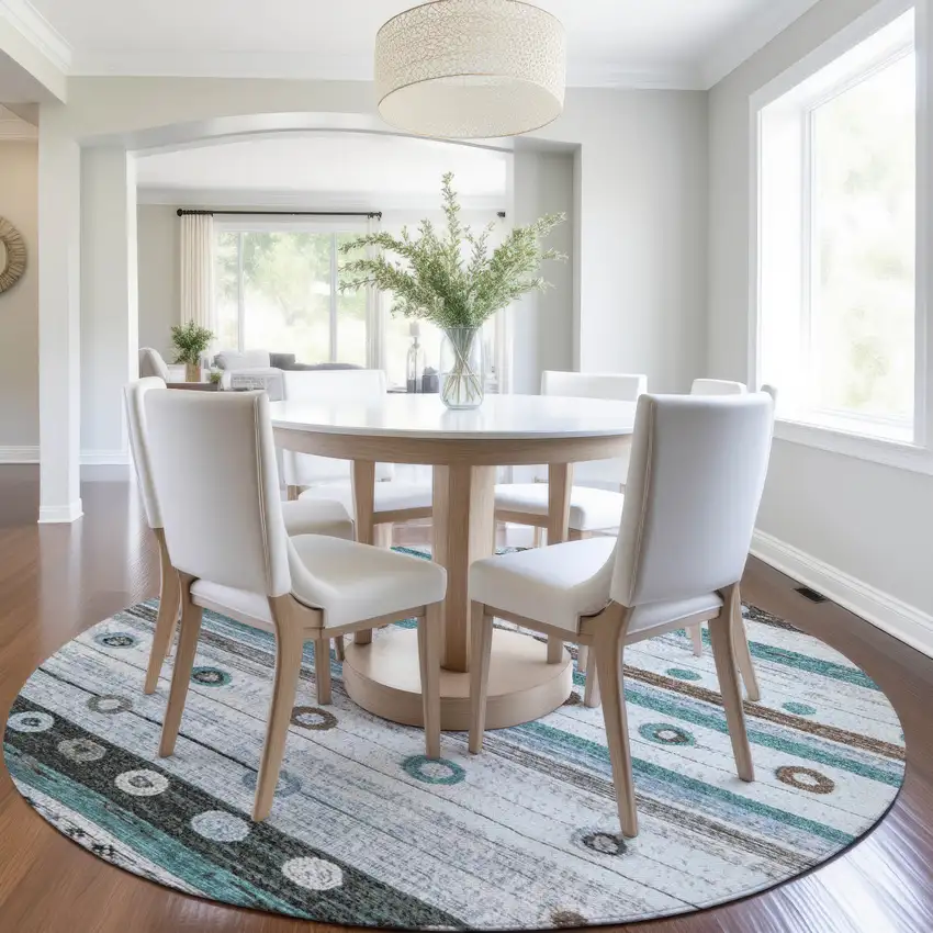 8' Teal Blue Brown And Ivory Round Striped Washable Indoor Outdoor Area Rug Photo 6