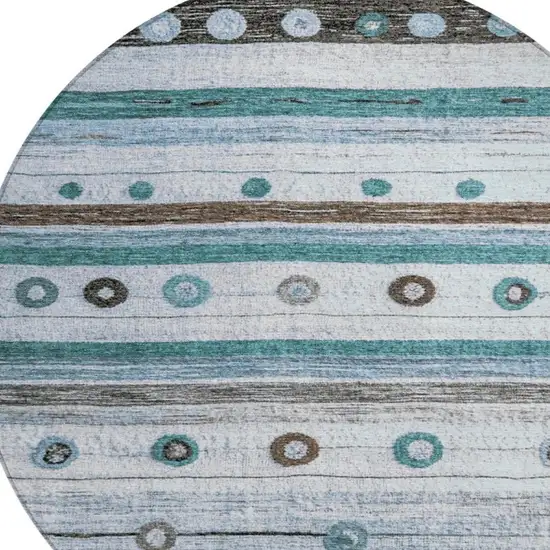 8' Teal Blue Brown And Ivory Round Striped Washable Indoor Outdoor Area Rug Photo 4