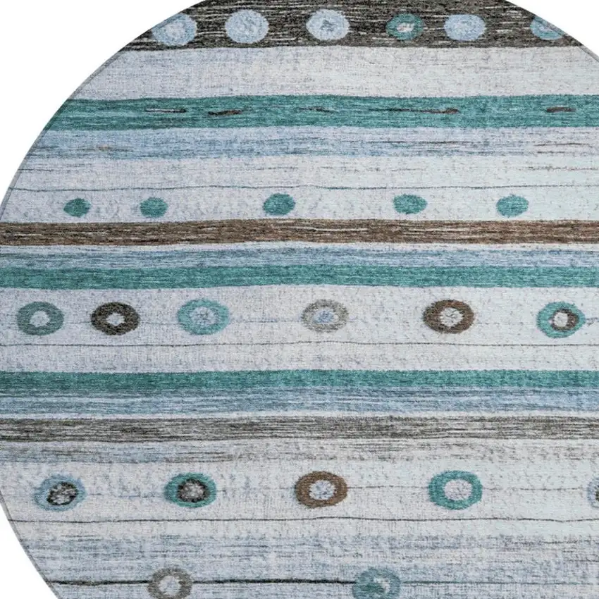 8' Teal Blue Brown And Ivory Round Striped Washable Indoor Outdoor Area Rug Photo 4