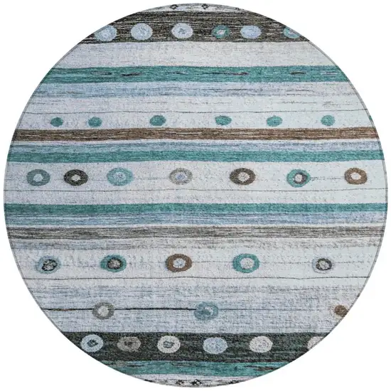 8' Teal Blue Brown And Ivory Round Striped Washable Indoor Outdoor Area Rug Photo 3
