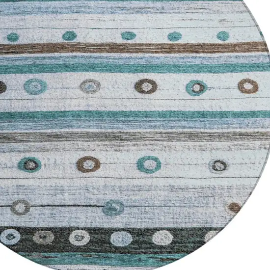 8' Teal Blue Brown And Ivory Round Striped Washable Indoor Outdoor Area Rug Photo 7