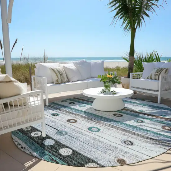 8' Teal Blue Brown And Ivory Round Striped Washable Indoor Outdoor Area Rug Photo 5