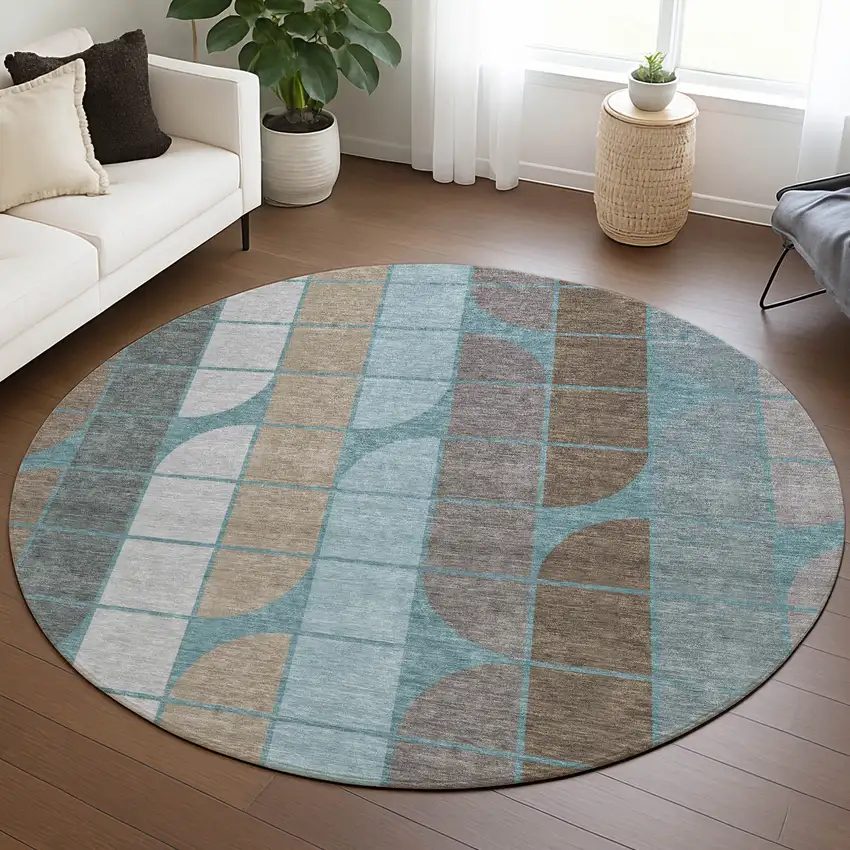 8' Teal Blue Brown And Silver Round Geometric Washable Indoor Outdoor Area Rug Photo 5