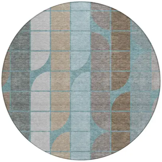 8' Teal Blue Brown And Silver Round Geometric Washable Indoor Outdoor Area Rug Photo 3