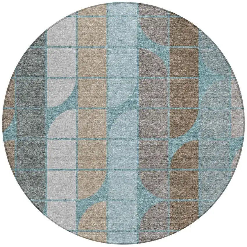 8' Teal Blue Brown And Silver Round Geometric Washable Indoor Outdoor Area Rug Photo 3