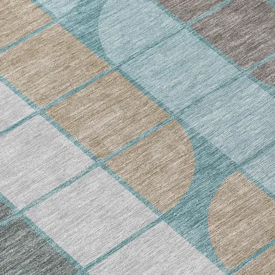 8' Teal Blue Brown And Silver Round Geometric Washable Indoor Outdoor Area Rug Photo 9