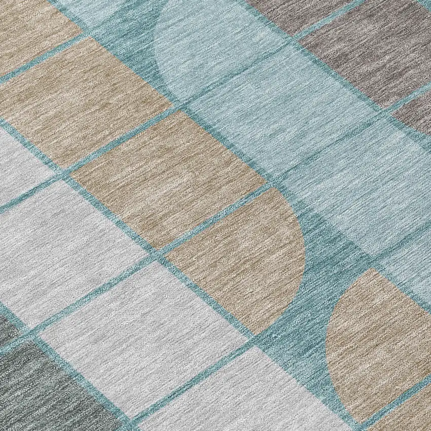 8' Teal Blue Brown And Silver Round Geometric Washable Indoor Outdoor Area Rug Photo 9